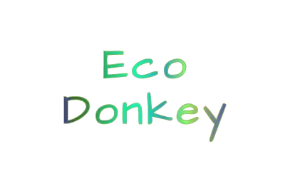 Eco Donkey logo in text with colourful letters in shades of green and blue.